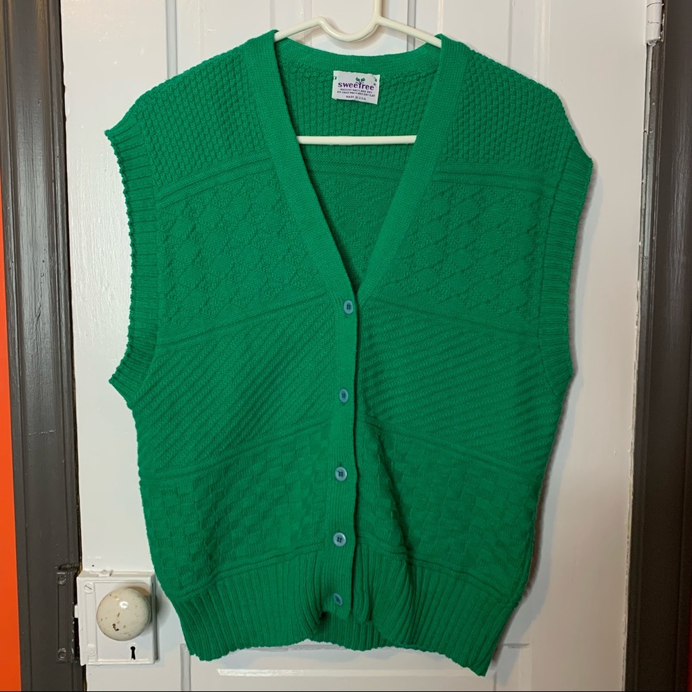 Vintage Sweetree Knit Textured Button Down Green Sweater Vest